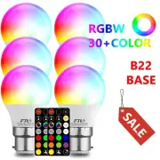 LED 30+Colour Changing Light Bulb G45 RGBW 5W B22 with Remote Control 6-Pack