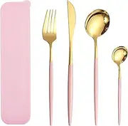 Silverware Set with Case， 4pcs Premium Stainless Steel Cutlery Set for Lunch Camping School Picnic Workplace Travel ，Mirror Finish Flatware Set ，Include Fork Knife Spoon Flatware Sets (Pink)