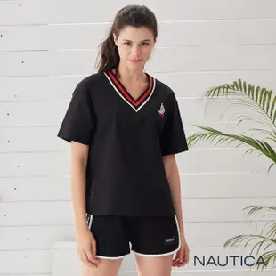 【NAUTICA】女裝修身V型領短袖上衣(黑)