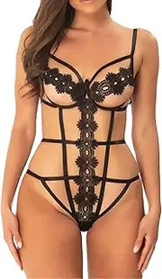 [Zylphorix] Womens Set Lace Lingerie One Piece Teddy Sexy Bodysuit Strappy Babydoll Deep V Underwire Nightie