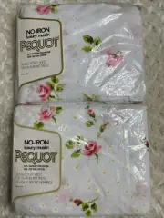 VTG 70s MCM Double Full Flat & Fitted Sheet Set Pink Rosebud 1976 Springs NY USA