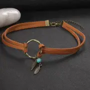 Women Bohemian Choker Boho Feather Bead Pendant Brown Leather Chain Necklace