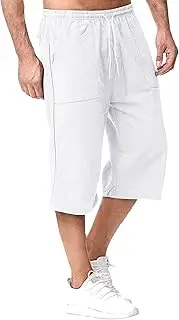 [JEShifangjiusu] Men's Causual 3/4 Long Cotton Shorts Drawstring Elastic Waist Cargo Straight Shorts Wide Leg Baggy Pants, White A1, L