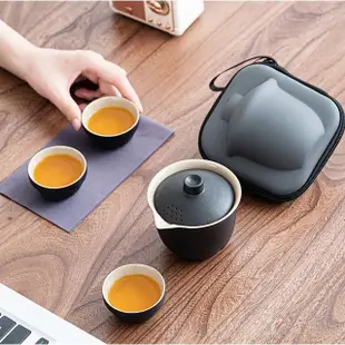 【Life shop】粗陶旅行茶具組/附旅行收納包(泡茶組 茶具 旅行茶具 隨身泡茶組 簡易泡茶 茶器套組)