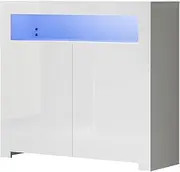OIKITURE Sideboard Buffet Cabinet with 16 Colors LED Light - 2 Doors & 4 Shelves, Multi-Storage Cupboard with Anti-Slip Protectors, 108x35x97.5CM, for Kitchen Living Room Dining Room, White