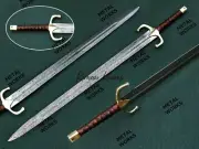 Handmade 39" Long Knight Templar Damascus Blade Sword with Leather Sheath