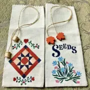 Hand Stenciled Primitive Bags & Wooden Spools Leaf Ties - Set of 2 Ready to Fill