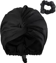 AUMA Adjustable Satin Silk Bonnet for Sleeping: Night Sleep Cap Turban for Women Men, Large Long Curly Hair Braid Wrap tie Elastic Drawstring Band Stay on Head Unisex,Black