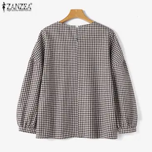 Zanzea 女式韓版格子圓領落肩燈籠袖襯衫