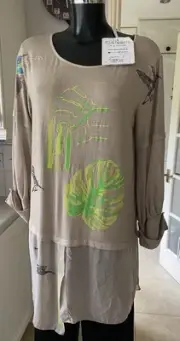 Elisa Cavaletti XL Embellished Tunic Top Neutral Beige Leaf & Bird Design