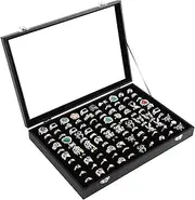 Pengup 100 Slots Ring Case Organizer Display Box,Rings Holder Storage Boxes for Jewelry Showcase with Glass Lid (Black Velvet).