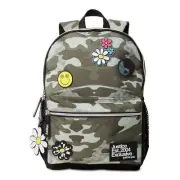 Justice Sport Girls 17" Backpack, Green Camo Smile Flower with Tech Pocket