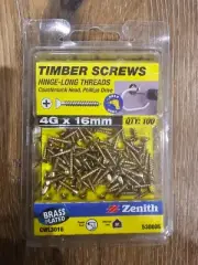Zenith 4G x 16mm Brass Hinge-Long Thread Countersunk Head Timber Screw 100 PACK