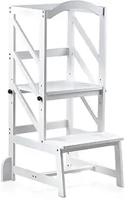 Adjustable Height Kitchen Step Stool,Kids Learning Stool,Mothers' Helper, OUZIO Kitchen Toddler Standing Tower Stool Helper for Kids with Safety Rail White Color