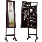 Costway Mirror Jewellery Cabinet Wooden Jewelry Organiser Box Makeup Cosmetics Storage Brown