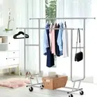 Adjustable Garment Rack Double Rail Clothes Hanger Corrosion Resistant Silver