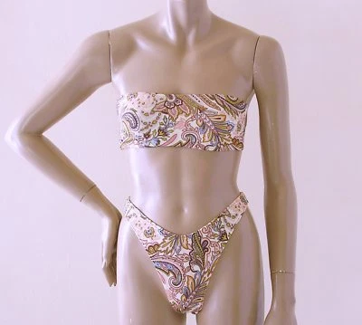 80s 90s High Leg Thong Bikini and Strapless Bandeau Top in Regency Paisley