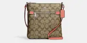Coach Mini Rowan File Bag In Signature Canvas In Beautiful Khaki/Tangerine Color