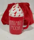Rae Dunn - PEPPERMINT MOCHA - LL Red Ceramic Holiday Coffee Mug w/Topper