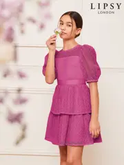 Lipsy Mauve Purple Premium Lace Puff Sleeve Occasion Dress (5-16yrs) (AJ0546) | $75 - $85