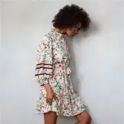 LC Lauren Conrad Women Dress XL Brown Floral Mini Shirt Balloon Sleeve Collar