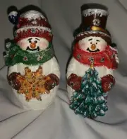Snowmen Figurine Set Of Two Handmade & Hand-Painted Plastic Christmas Décor New