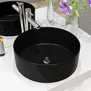 Round Black Ceramic Washbasin 40x15 cm for Bathroom Vanity, Modern Above Counter Vessel Sink, Glazed Ceramic Basin for Restroom and Cloakroom Decor