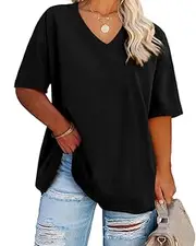 [Fisoew] Women's Plus Size V Neck T Shirts Summer Half Sleeve Oversized Tees Casual Loose Fit Tunic Tops