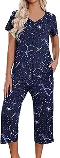 [Generic] Women's Pajama Shorts for Women 2024 Summer Crewneck Short Sleeve Tops Long Sweatpant Casual Tracksuit Jogger Sets Shirt with Button