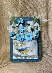 PP9-Blue bird smashed can floral arrangement, pocket posey with flowers,