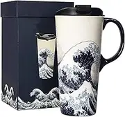 DUSVALLY Tall Ceramic Travel Mug with lid 17oz.Coffee Cup Porcelain Latte Mug,The Great Wave