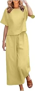 Rkwins Linen Sets for Women 2 Piece Summer Going Out Outfits Short Sleeve Wide Leg Pant Set Solid Color Lounge Set