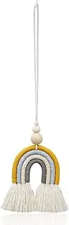 Boho Rainbow Charm Car Rear View Mirror Hanger Macrame Wooden BeadsEssential Oil Car Diffuser Handmade Car Accessories Colorful Hanging Air Freshener Decor (yellow)