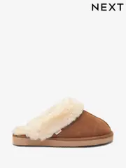 Chestnut Brown Suede Faux Fur Lined Mule Slippers (M40019) | $41