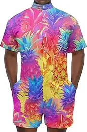 [Sipumia] Men Romper Fruit Graphic Pineapple Printed Button Down Jumpsuit Short Sleeve 1-Piece Casual Overalls Bro Outfits