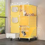 3 Layers Cat Playpen, Large Cat Cage, Cat Enclosures, with Cat Litter Box, 3 Doors, Bearing 20kg, with Wheels, Cat House, for Kitten Small Animals, Yellow(28.3x14.6x47.6in)