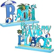 Blulu 2 Pcs Beach Sign Ocean Sea Animal Party Decor Beach Is My Happy Place Plaque Sign Wooden Table Decorations for Coastal Theme Interior House Home Bathroom Decor, 7.87 x 4.72 Inch