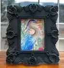 Botanical Heron bird mini watercolor print in black vintage style ornate frame