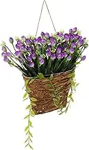 DONFAMDS Front Door Hanging Wicker Basket with Artificial Floral Arrangement Versatile Wall Decor for Indoor Outdoor Use Effortless Installation Purple Flower Design