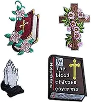 Bible Book Patches, 4pcs Flower Jesus Cross Pray Embroidered Iron On Patch for Clothes Jacket Jeans Hats Bags Backpacks