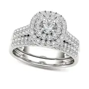 1.0 CT. T.W. Natural Diamond Double Frame Multi-Row Bridal Engagement Ring Set in Solid 14K White Gold