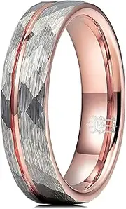 THREE KEYS JEWELRY Mens Womens Black Tungsten Rings 4mm 6mm 8mm Hammered Facet Silver Brushed with Rose Gold Stripe Wedding Bands