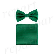 New formal men's pre tied Bow tie & Pocket Square Hankie stripes Emerald Green