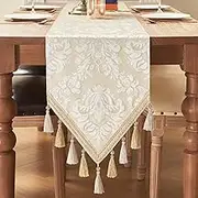Loom and Mill Elegant Jacquard Table Runner 72 inches Long, Luxury Floral Table Runners with Handmade Multi-Tassels for Dining Room Dresser Party Holiday Banquet Decoration (Beige+White,13x72 inch)