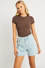 Brown T Shirt Short Sleeve Crew Neck Modal - Size XXS, Women's T-shirt