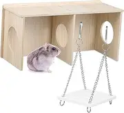 Wooden Small Animal Hideout Solid Wood Cabin Swing Toys for Hamsters Rats Squirrels Chinchillas