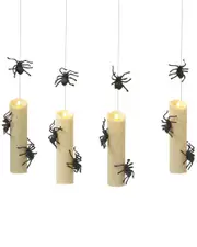 Everlasting Glow Set of 4 Battery Operated Candles With Black Spiders Appear To Be Hanging Mid-Air