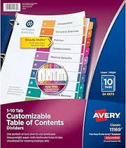 Avery 11169 Ready Index Dividers, Tabs 1-10, Letter Size, Multicolor, 24 Sets/BX
