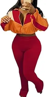 [REASERAL] Womens 2 Piece Outfits Color Block Long Sleeve Jacket Top Slim Pants Casual Going Out Tracksuit