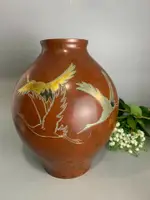 日本回流 銅器 銅花瓶 鑲金嵌銀 仙鶴飛舞